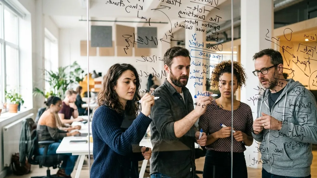Creative team writing slogan ideas on a glass wall with markers in a bright advertising agency office