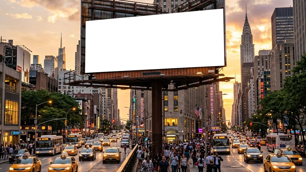 Large blank billboard above a busy city street at golden hour waiting for an advertising slogan