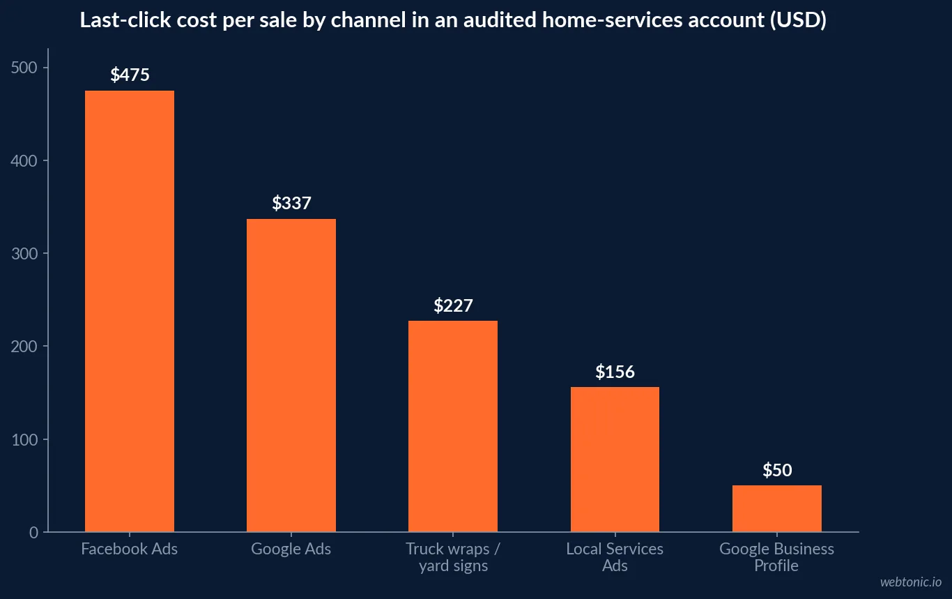Bar chart of last-click cost per sale by channel in an audited home-services account, from 50 dollars for Google Business Profile to 475 dollars for Facebook Ads