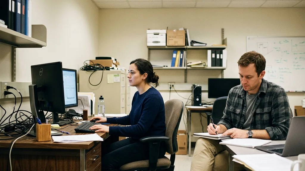 Research participant seated at a computer monitor in a psychology lab while a researcher takes notes