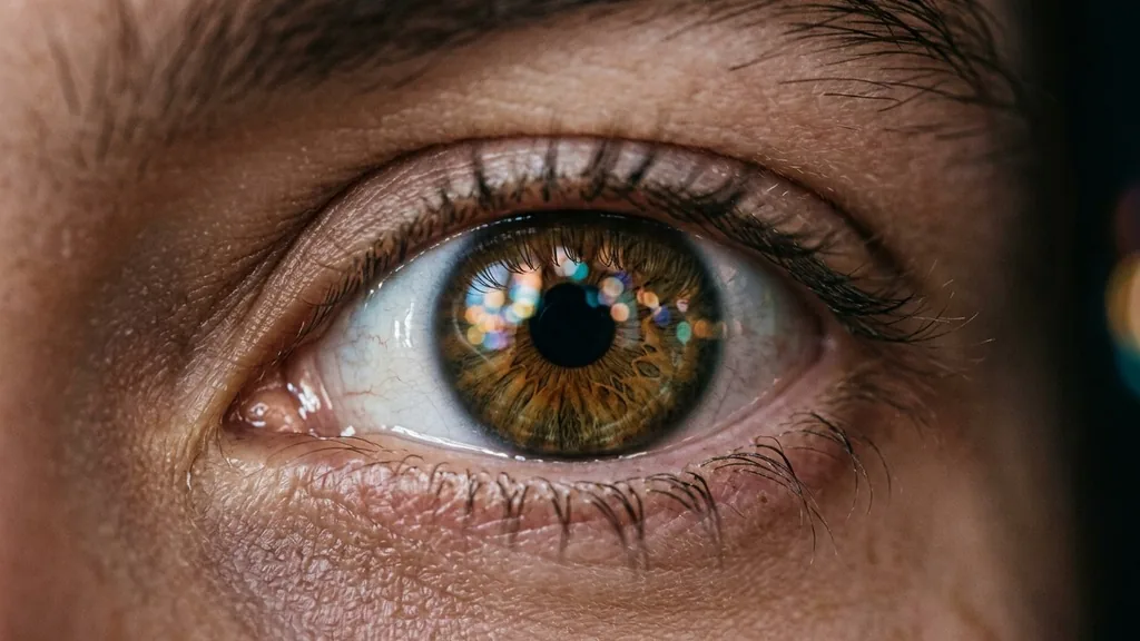 Extreme close-up of a human eye reflecting soft blurred coloured light in a dark room