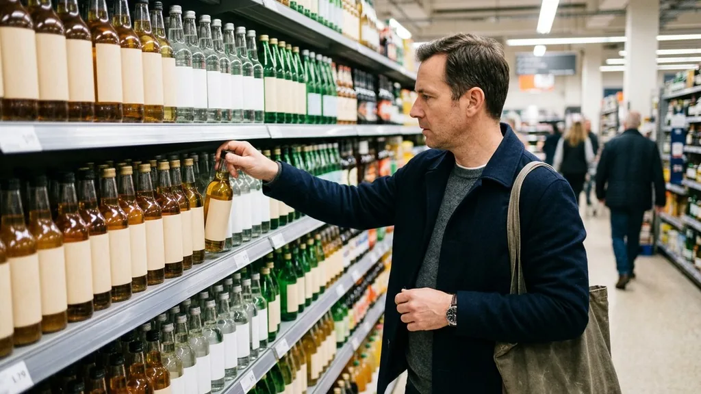 Shopper reaching for a drink among rows of unbranded bottles on a bright supermarket shelf