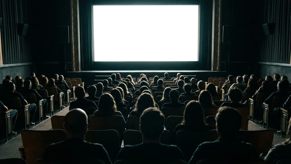 Audience silhouettes seated in a dark cinema facing a bright blank screen during a film screening