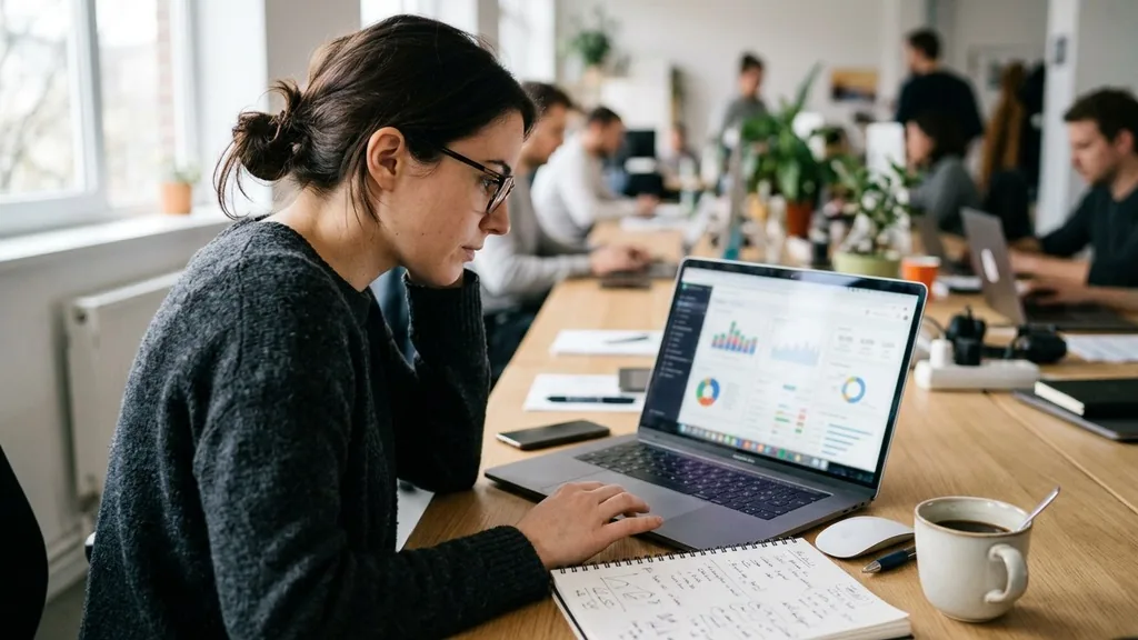 SEO analyst reviewing a search analytics dashboard on a laptop beside a notebook at a bright desk
