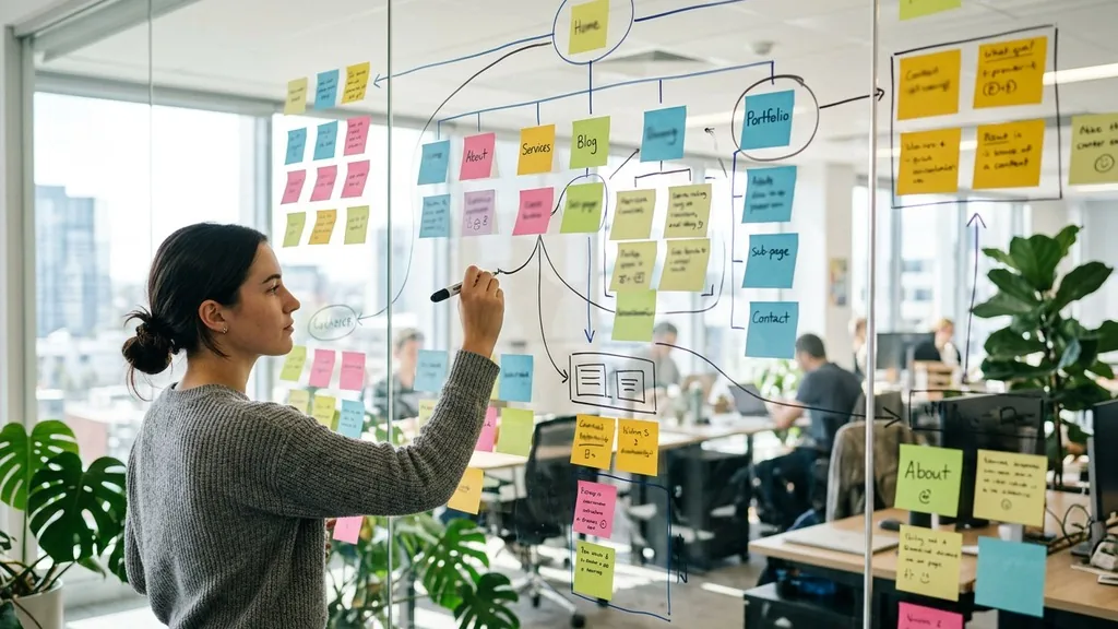 Sticky notes and hand-drawn boxes connected by marker lines mapping a website structure on glass