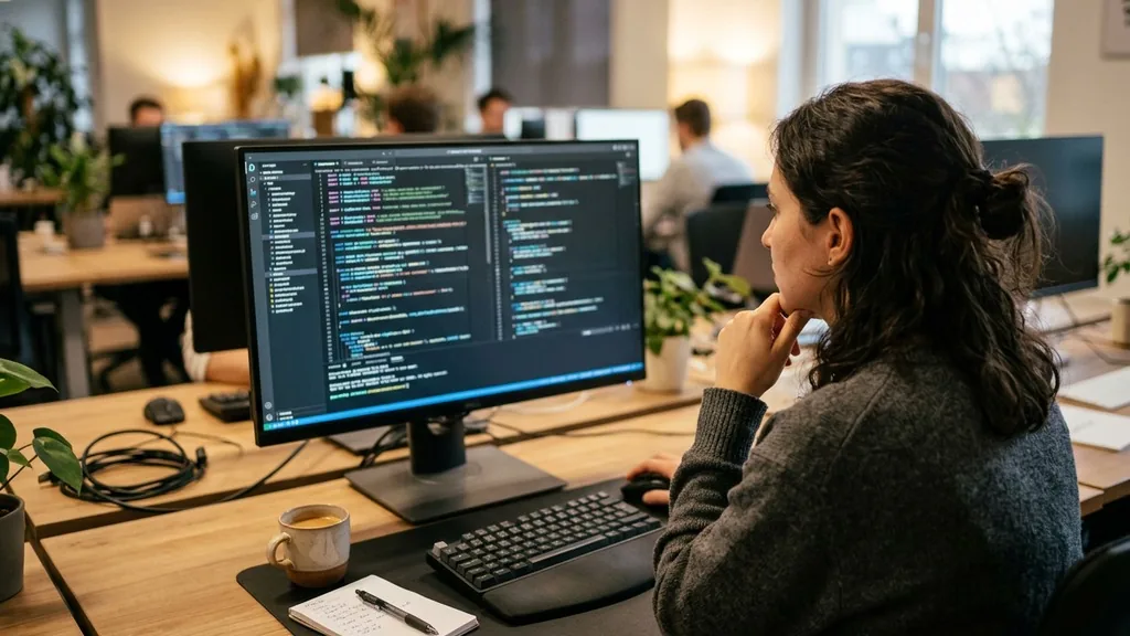 Developer at a desk reviewing XML sitemap code on a large monitor in a softly lit office