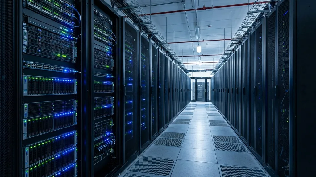 Row of server racks with blue and green status lights in a clean data centre aisle