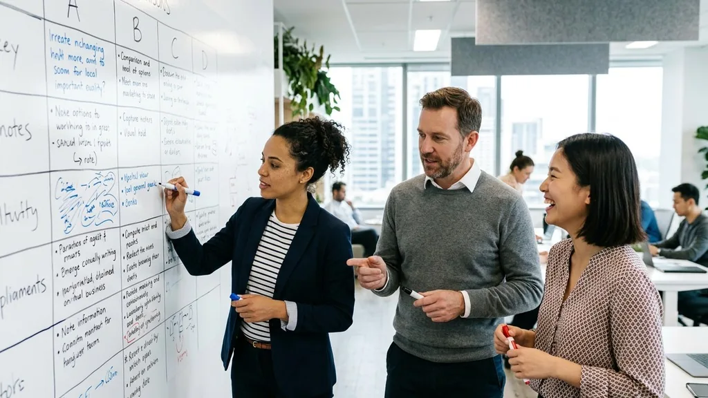 Marketers filling a hand-drawn competitor comparison grid on a whiteboard in a bright office