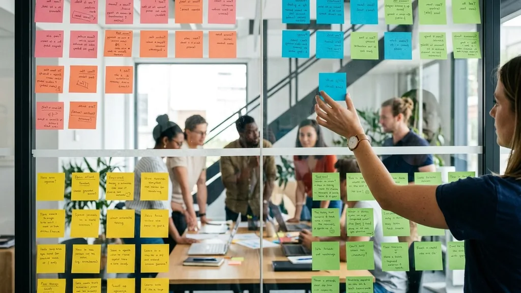 Four quadrants of coloured sticky notes arranged on a glass wall during a SWOT workshop