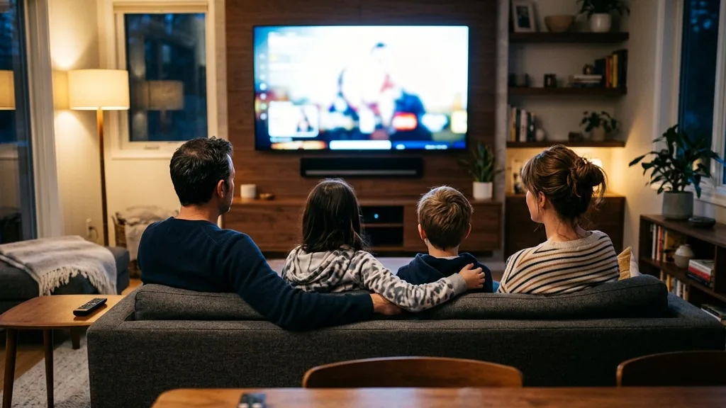 Family watching a large television in a modern living room seen from behind in evening light