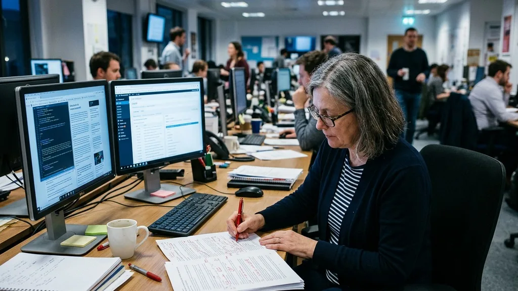 Editor at a newsroom desk marking up printed pages beside two monitors of unreadable text