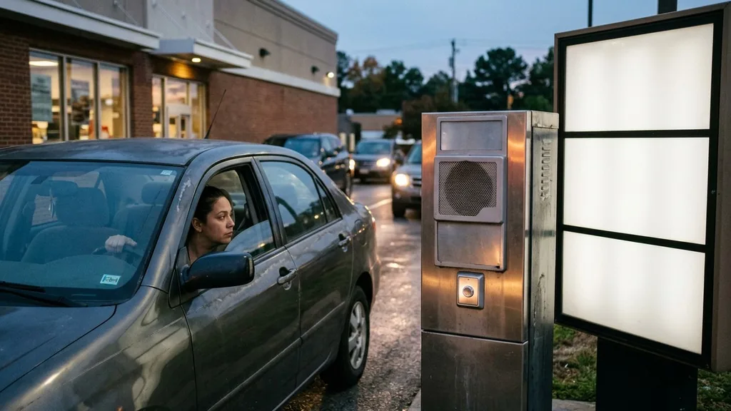 Car window beside a blank fast-food drive-thru order speaker and menu board at dusk