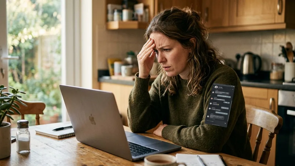 Frustrated customer at a kitchen table looking at a laptop showing an unreadable support chat window