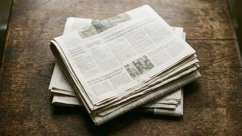 Stack of folded newspapers on a wooden table in soft morning light with unreadable print