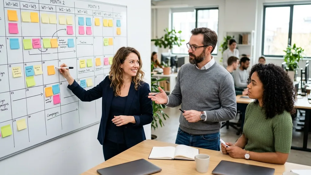 Three marketers planning a promotional calendar on a whiteboard covered in blank sticky notes