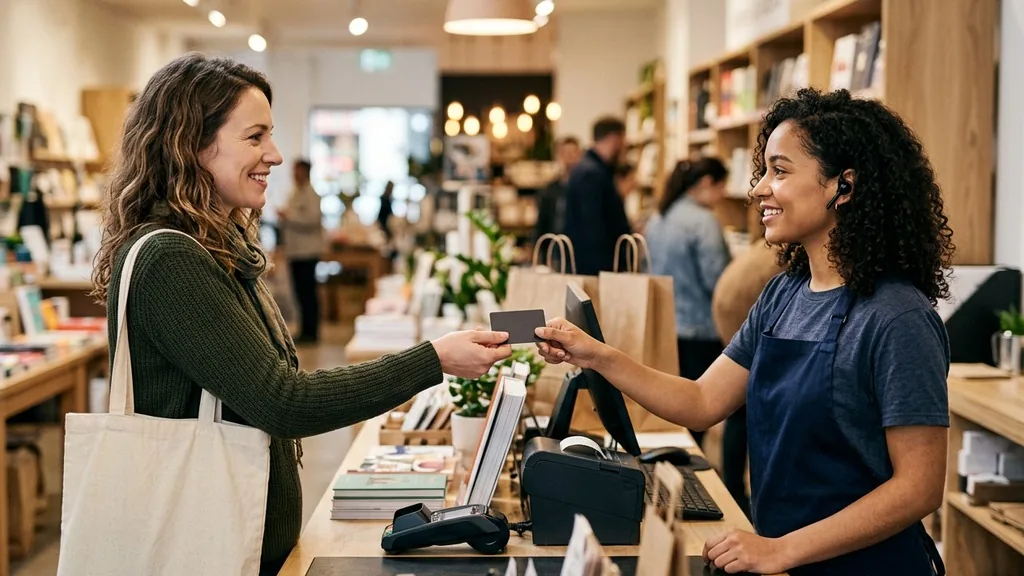 Customer handing a plain loyalty card to a cashier at a modern retail checkout counter