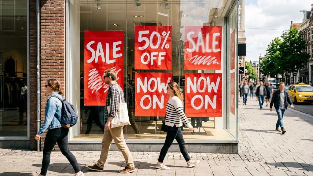 Bright retail storefront window with bold blank sale placards as shoppers walk past on a sunny street
