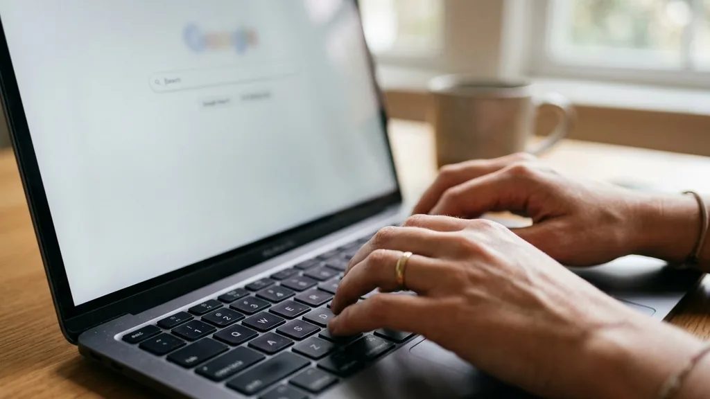 Close-up of hands typing on a laptop keyboard with a blurred blank browser search bar on screen