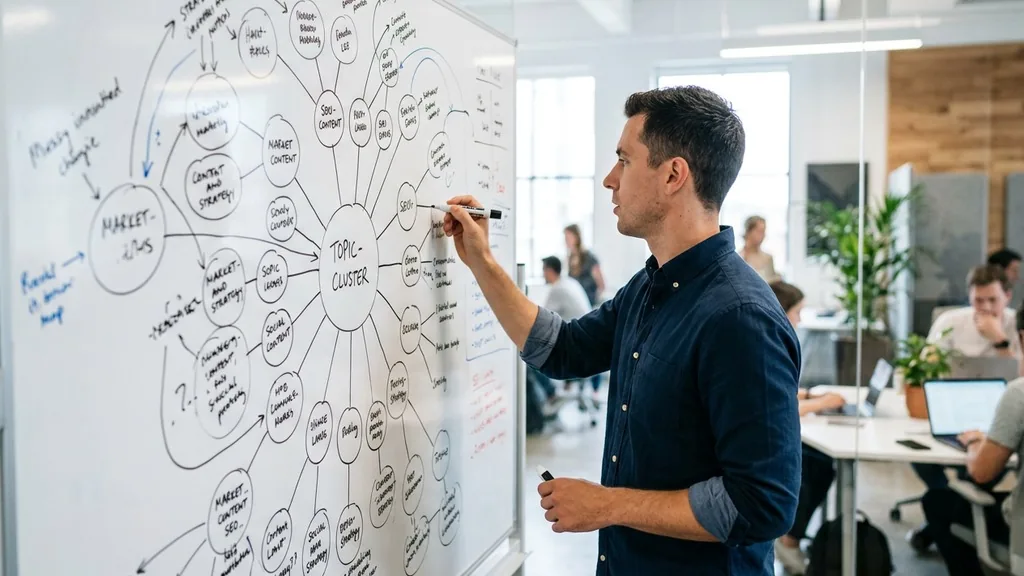 Marketer drawing connected circles on a whiteboard to map topic clusters in a modern office