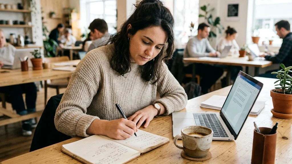 Content writer drafting notes in a notebook beside a laptop and coffee cup at a bright wooden desk