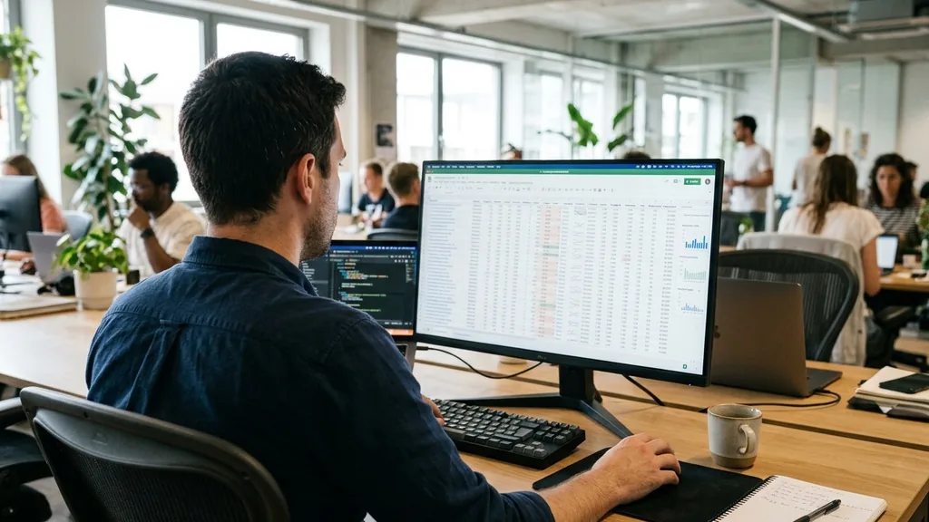 SEO analyst reviewing an unreadable keyword research spreadsheet on a large monitor in a bright office