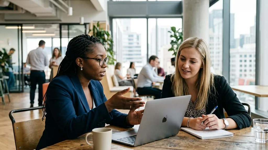 Two professionals discussing across a table in a bright modern office with a laptop between them
