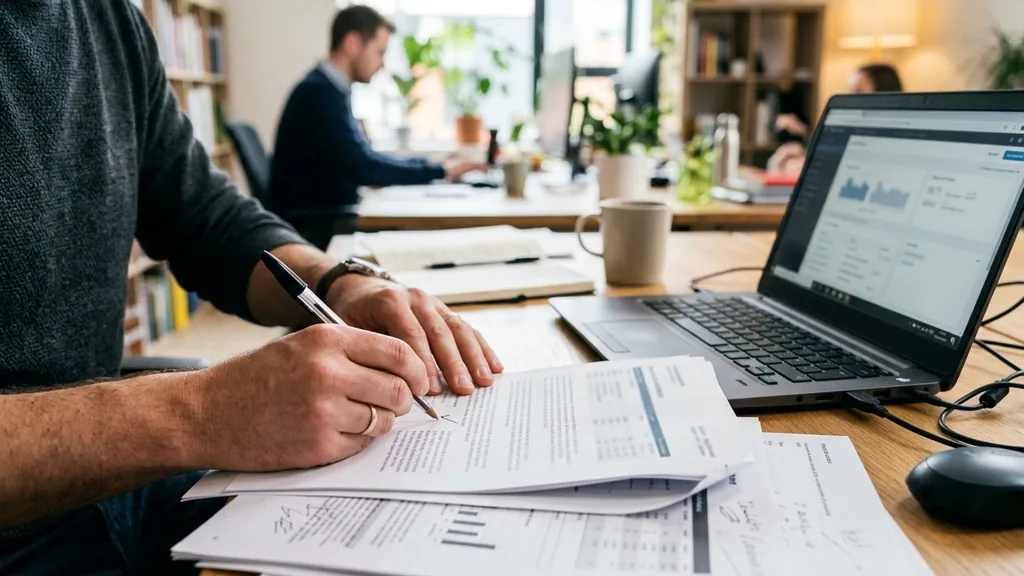 Hands reviewing printed documents with a pen beside a laptop in a bright office