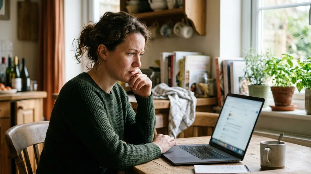 Person at a kitchen table looking concerned at an unreadable laptop screen in soft window light