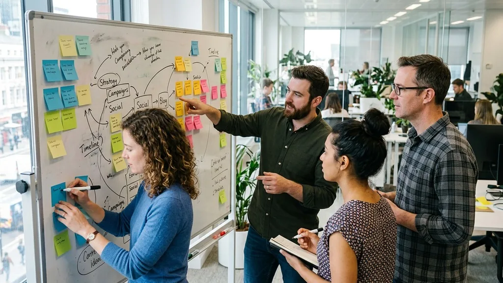 Small team mapping a content plan with sticky notes and marker lines on an office whiteboard