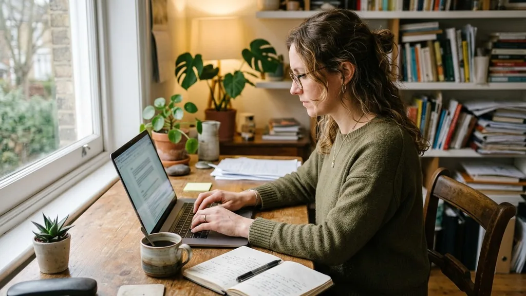 Writer typing at a laptop in a bright home office beside a coffee cup and an open notebook