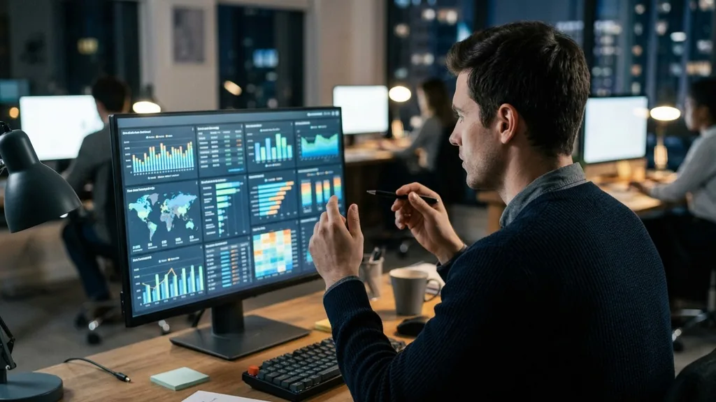 Analyst studying an unreadable analytics dashboard on a large monitor in a softly lit office