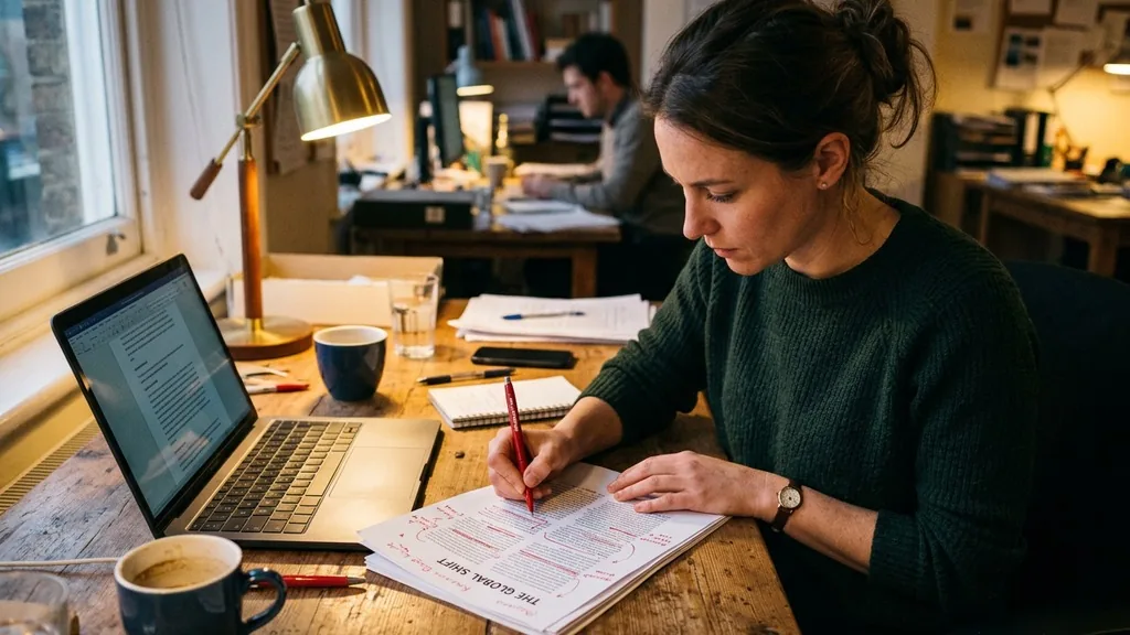 Editor marking up a printed article draft with a red pen beside a laptop at a warm-lit desk