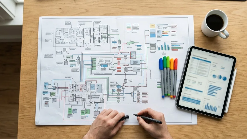 Large printed diagram on a desk beside coloured markers and a tablet, seen from directly above