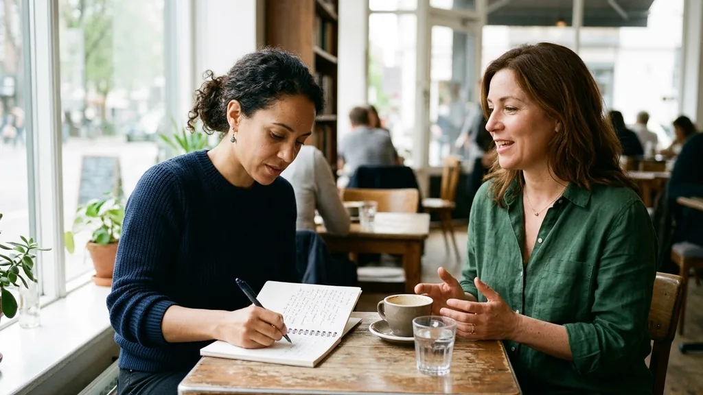 Two people in a customer interview across a small table, one taking handwritten notes by a window