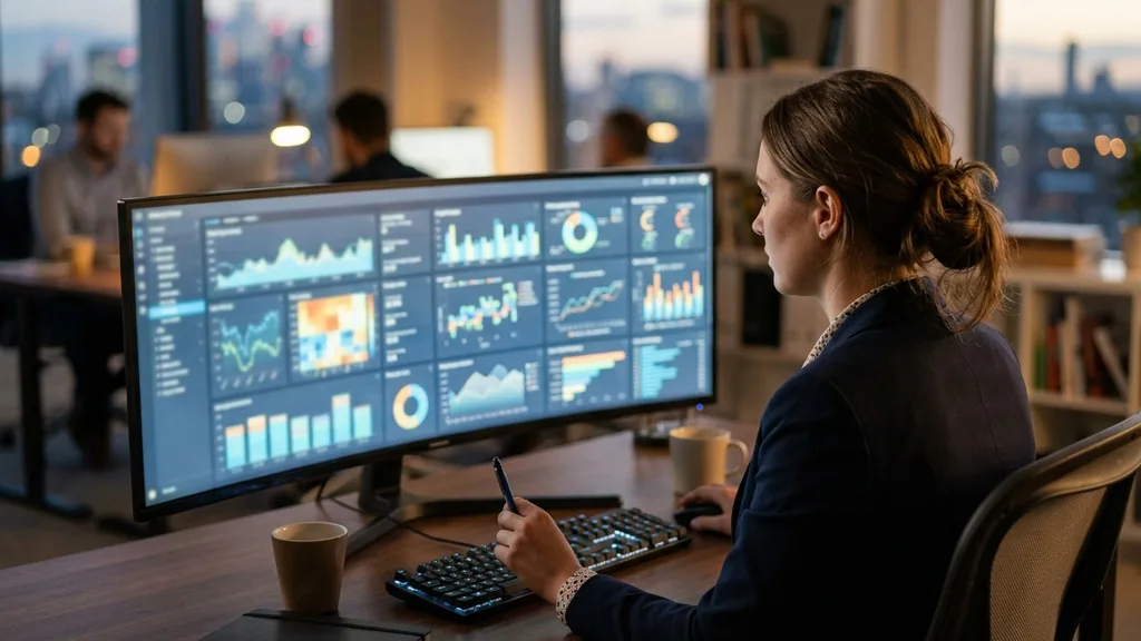 Analyst reviewing an unreadable analytics dashboard on a wide monitor in a softly lit office