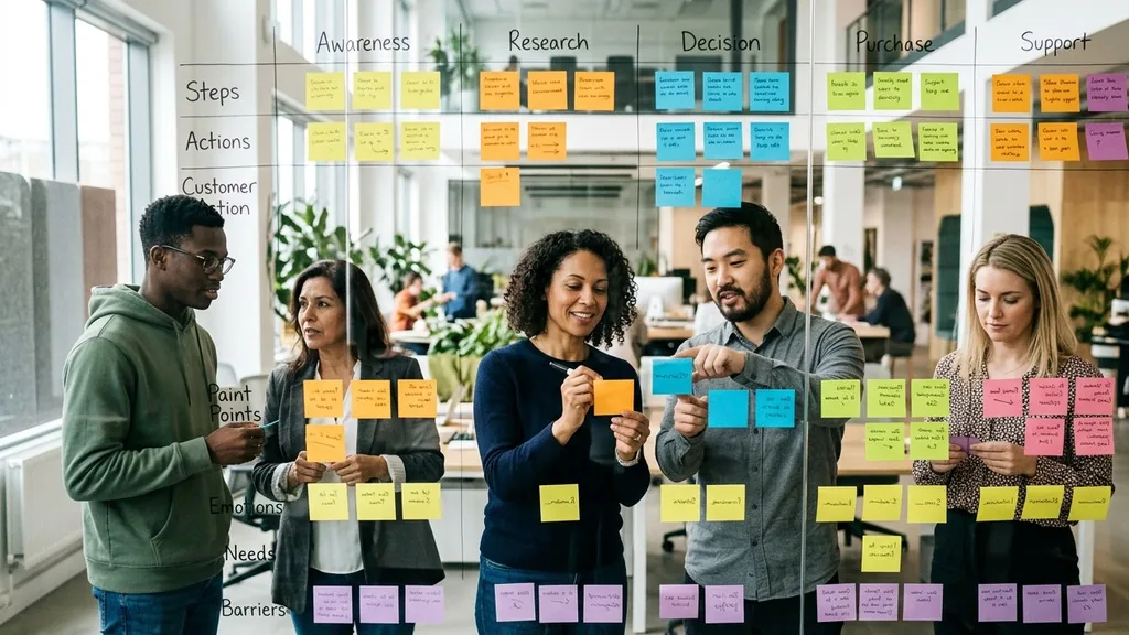 Cross-functional team building a journey map with rows of sticky notes across a glass office wall