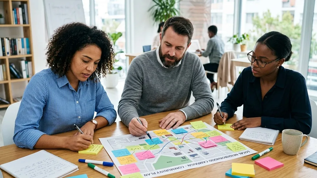 Three colleagues planning a local campaign with sticky notes and a printed neighbourhood map