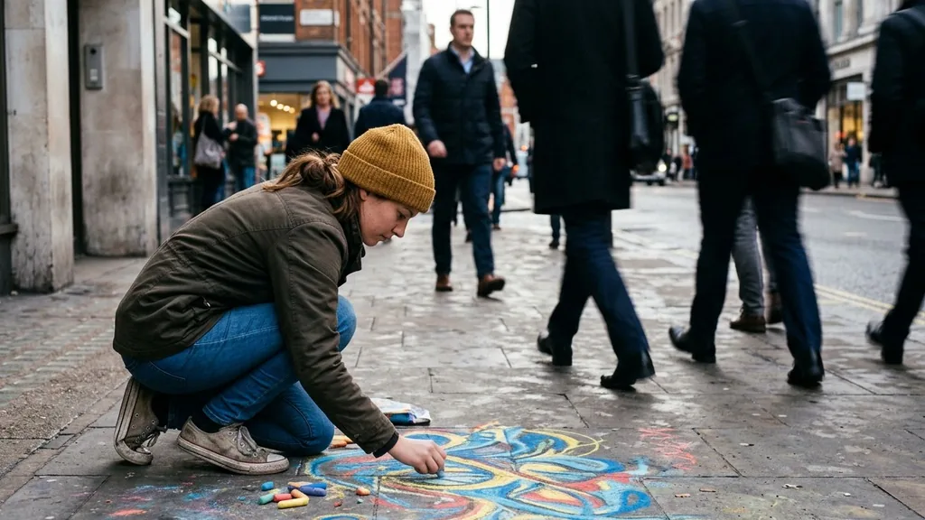 Person crouching to draw with coloured chalk on a city sidewalk as pedestrians walk past