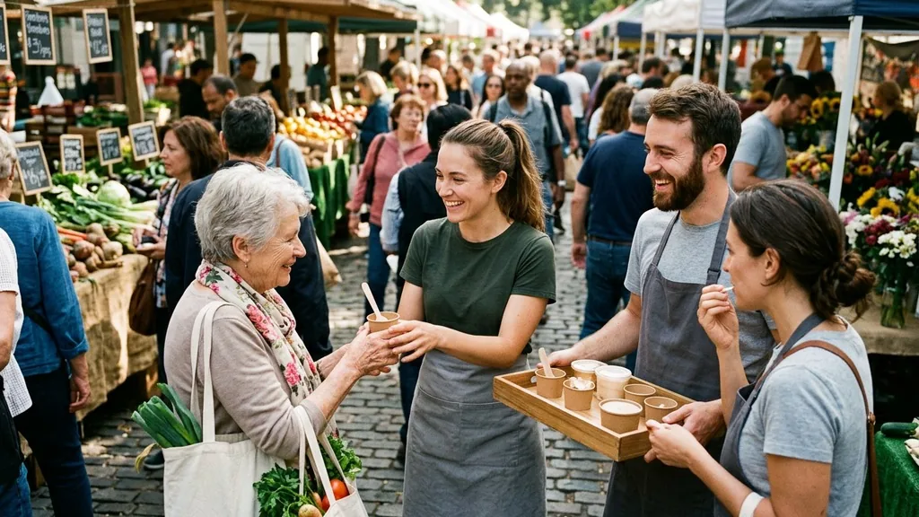 Brand street team handing out samples to shoppers at a busy outdoor farmers market in daylight