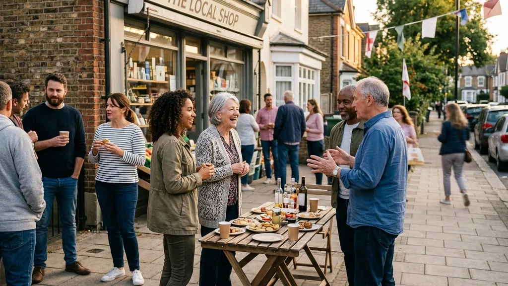 Neighbours chatting around a folding table at a community block event outside a small shop