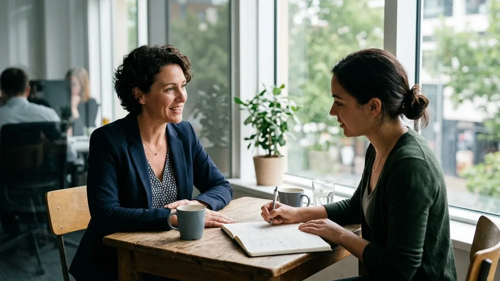 Manager and employee in a calm one-on-one conversation at a small table beside a window