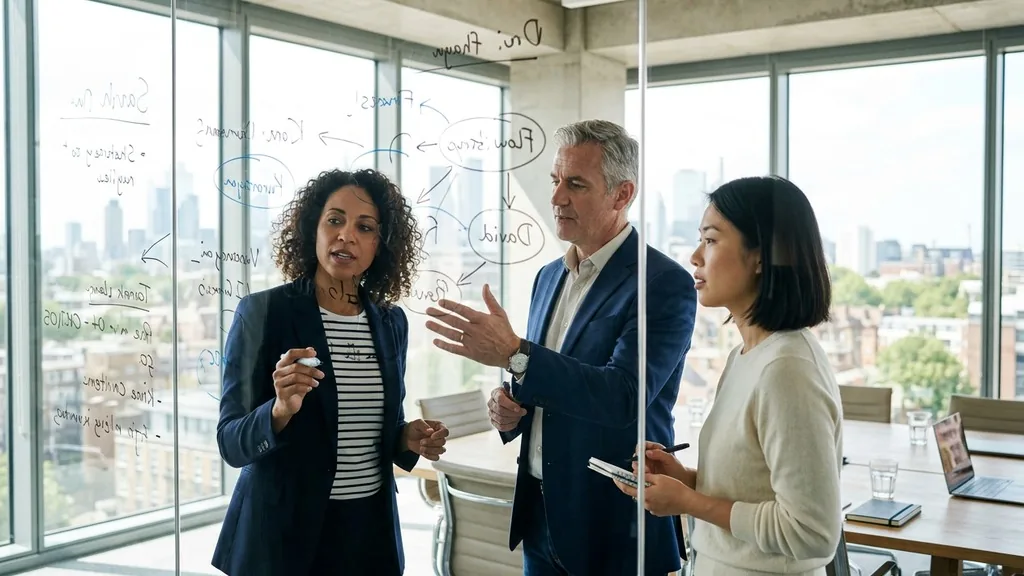 Leadership team discussing handwritten notes on a glass wall in a bright modern meeting room