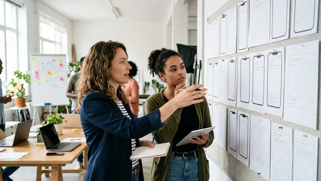Two marketers reviewing blank social ad mockups pinned across a wall in a bright creative studio