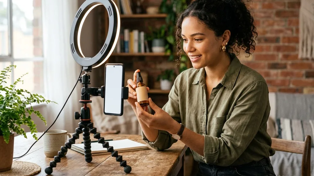 Creator filming a vertical product video on a smartphone mounted to a small tripod with a ring light