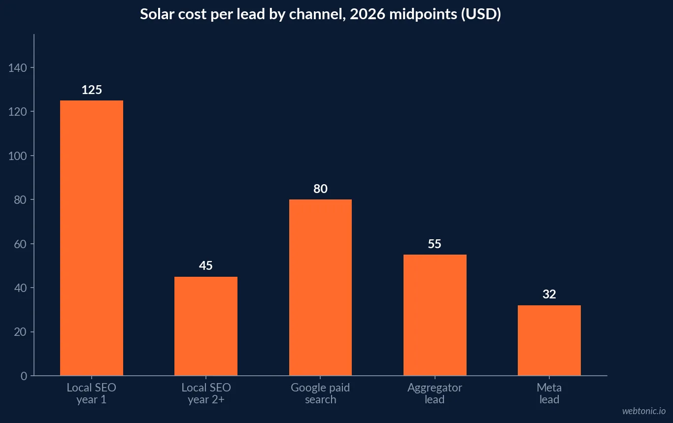 Bar chart comparing solar lead costs in 2026 showing SEO year one at 160 dollars, SEO year two at 60 dollars, Facebook at 32 dollars, Google paid at 80 dollars and aggregator leads at 40 dollars