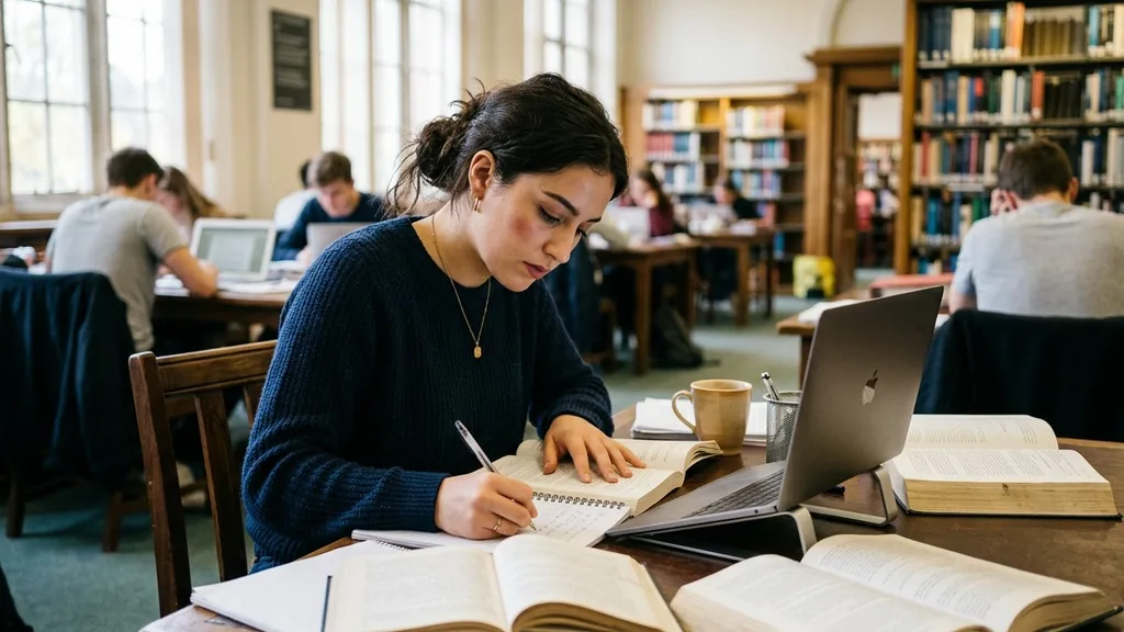 University student writing an academic paper at a library desk surrounded by open books