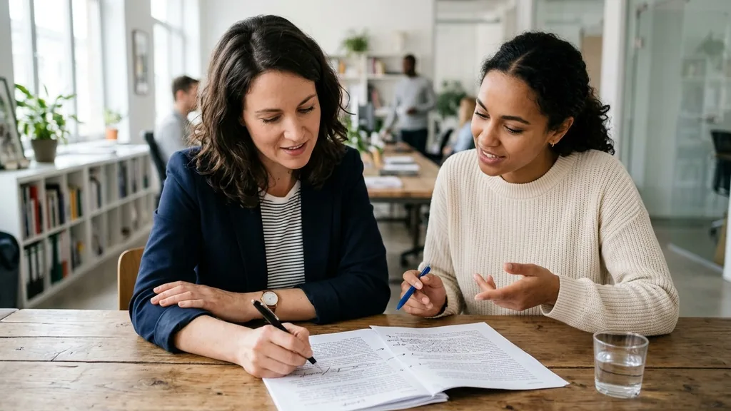 Two colleagues marking up a printed case study draft with a pen on a meeting table