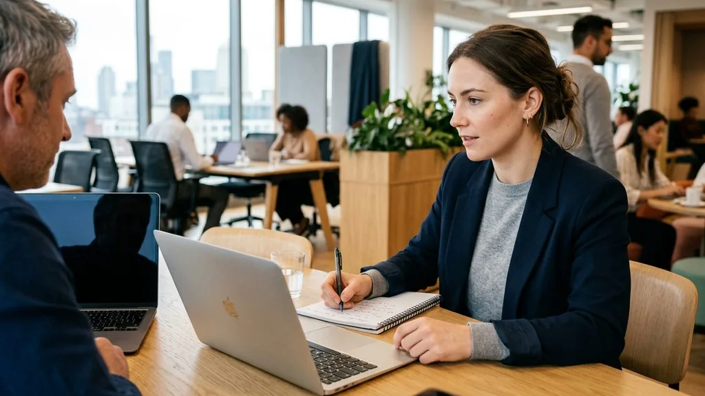 Marketer interviewing a client over a laptop video call while taking notes in a paper notebook