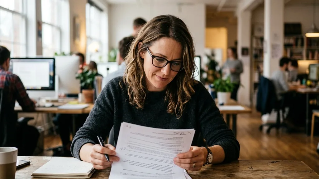 Editor reading a printed content brief while holding a pen in a blurred office background