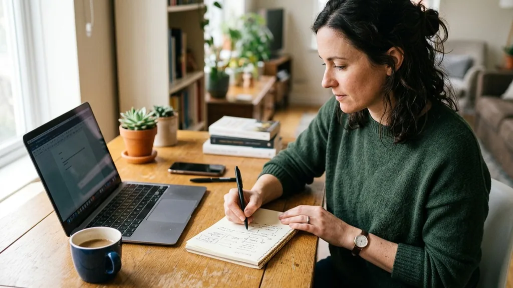 Content writer sketching an article outline on a paper notepad beside an open laptop and coffee